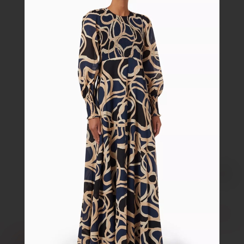 Elegant Navy Beige Pattern bird & knoll sunset maxi cotton dress fit xs/small - Picture 3 of 10